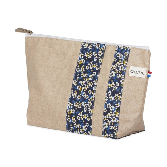 Lutyl - Trousse de toilette lin enduit fleurie beige et fleurs bleu