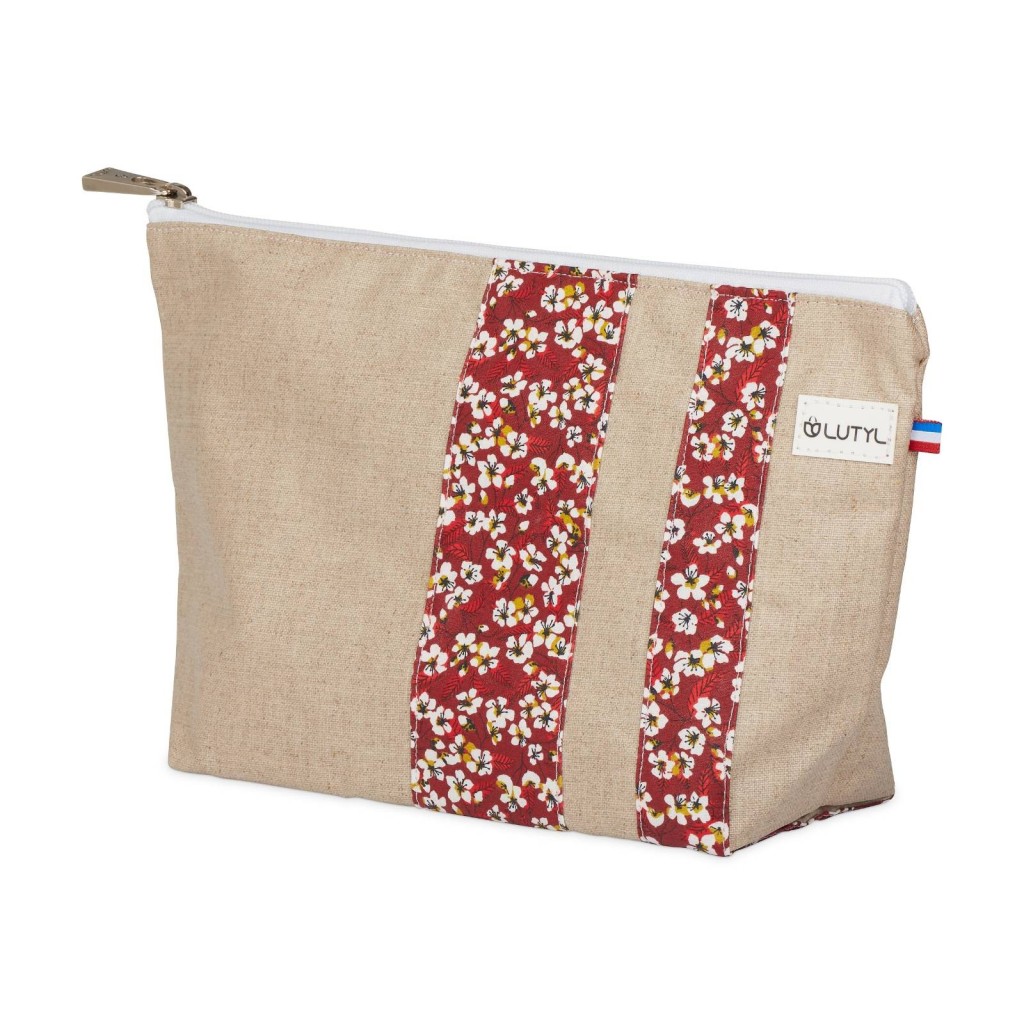 Lutyl - Trousse de toilette lin enduit fleurie beige et fleurs rouge