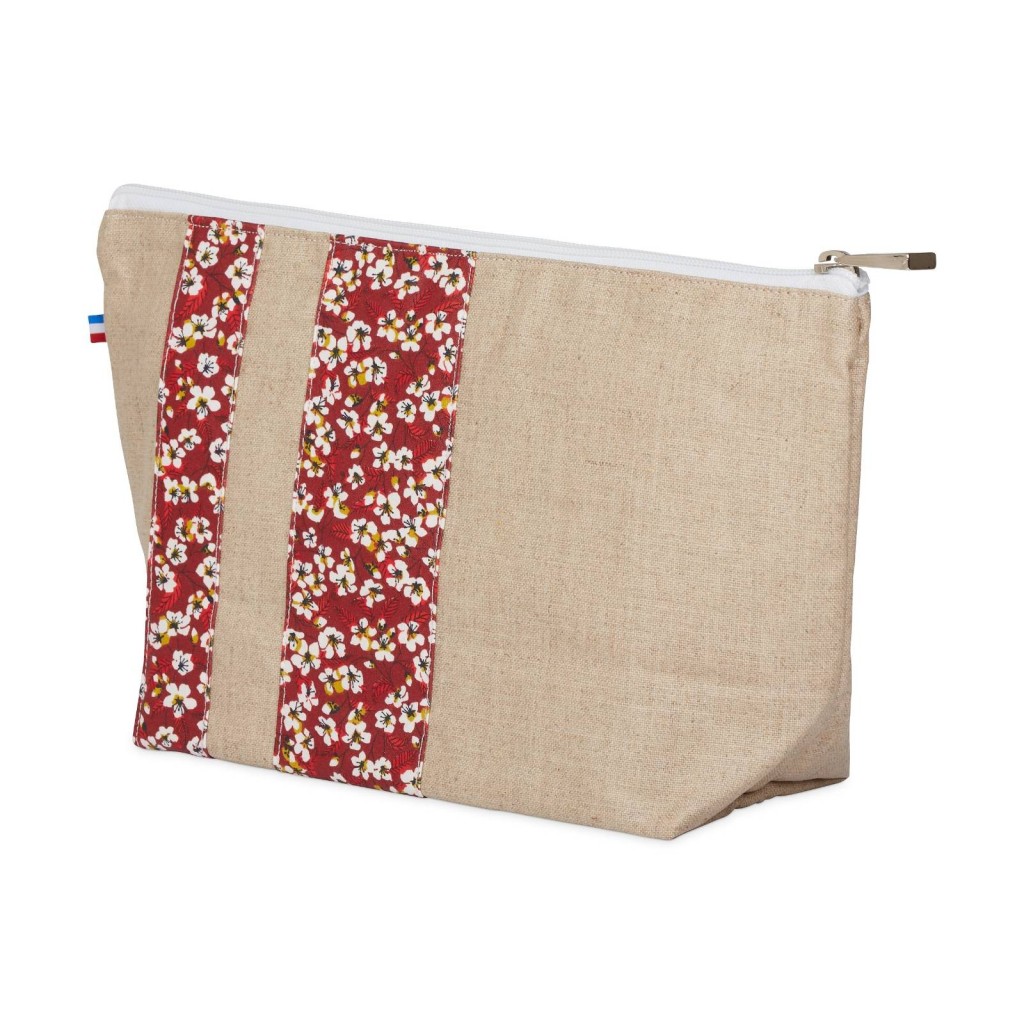 Lutyl - Trousse de toilette lin enduit fleurie beige et fleurs rouge