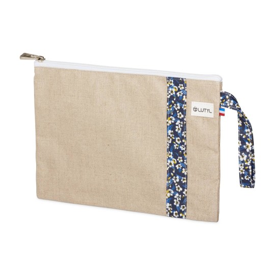 Lutyl - Pochette lin enduit fleurie beige et fleurs bleu