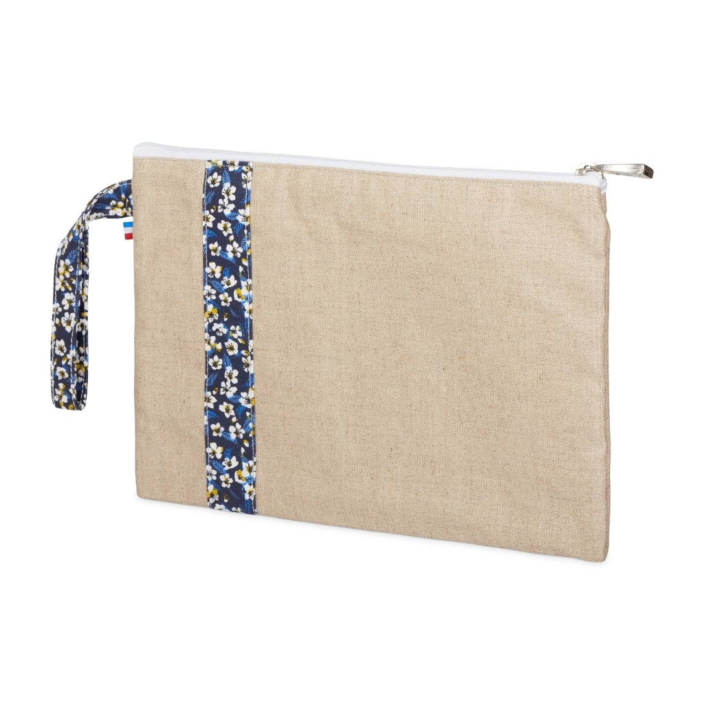 Lutyl - Pochette lin enduit fleurie beige et fleurs bleu