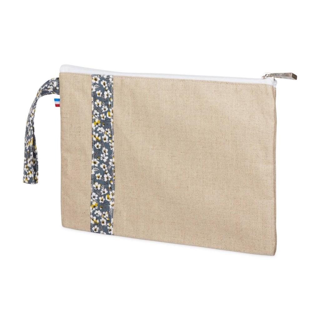 Lutyl - Pochette lin enduit fleurie beige et fleurs grise