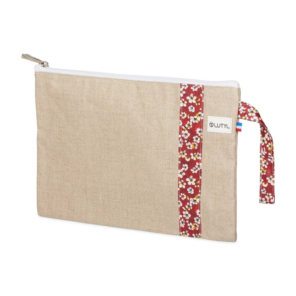 Lutyl - Pochette lin enduit fleurie beige et fleurs rouge