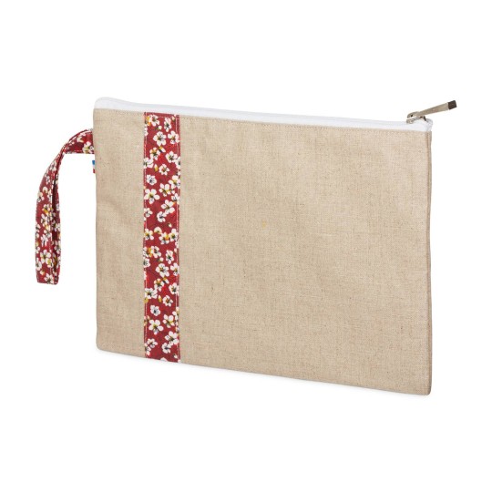 Lutyl - Pochette lin enduit fleurie beige et fleurs rouge