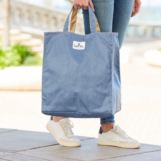 Lutyl - Sac cabas coton enduit uni bleu denim et beige