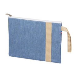 Lutyl - Pochette coton enduit unie bleu denim et beige