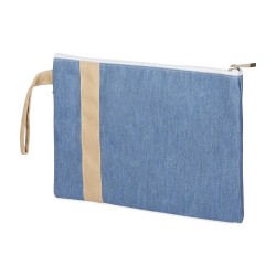 Lutyl - Pochette coton enduit unie bleu denim et beige