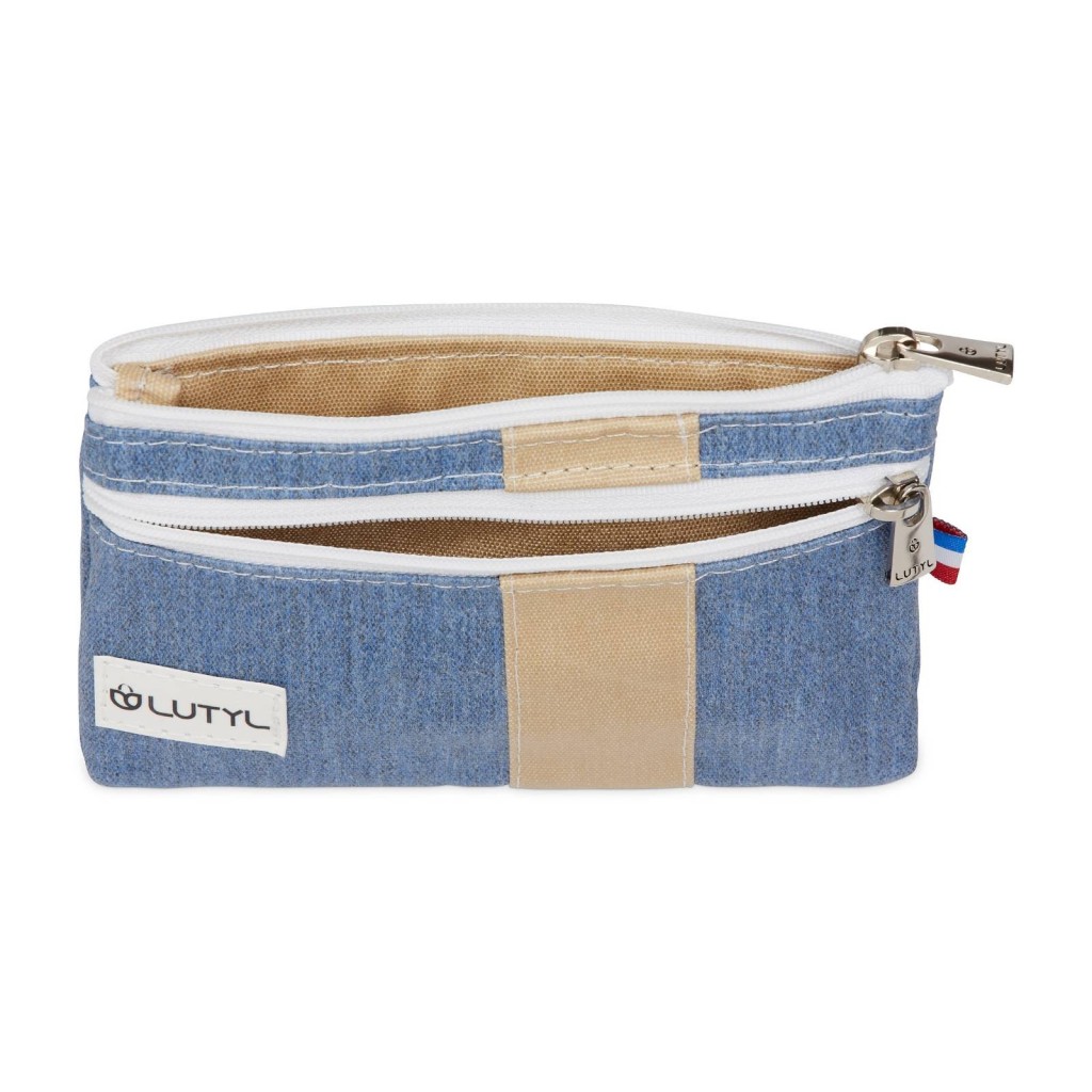 Lutyl - Porte monnaie - Porte carte coton enduit uni bleu denim et beige