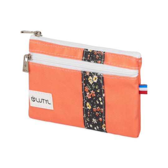 Lutyl - Porte monnaie - Porte carte coton enduit fleuri corail et fleurs