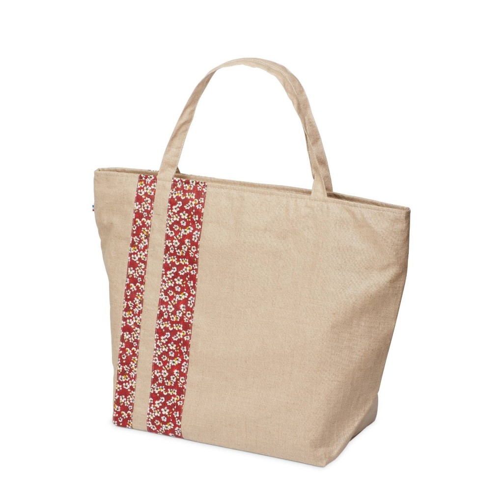 Lutyl - Sac zippé lin enduit fleuri beige et fleurs rouge