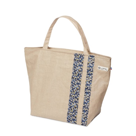 Lutyl - Sac zippé lin enduit fleuri beige et fleurs bleu