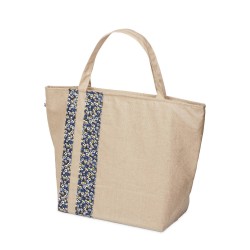 Lutyl - Sac zippé lin enduit fleuri beige et fleurs bleu