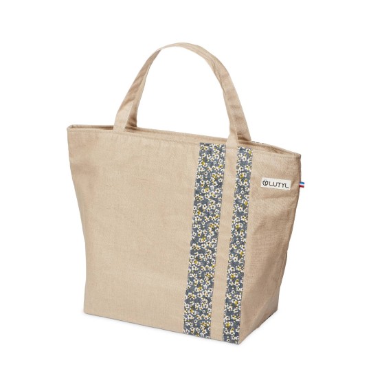 Lutyl - Sac zippé lin enduit fleuri beige et fleurs grise