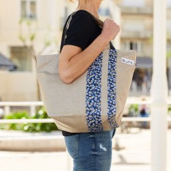 Lutyl - Sac zippé lin enduit fleuri beige et fleurs bleu