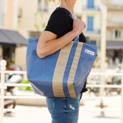 Lutyl - Sac zippé coton enduit uni bleu denim et beige